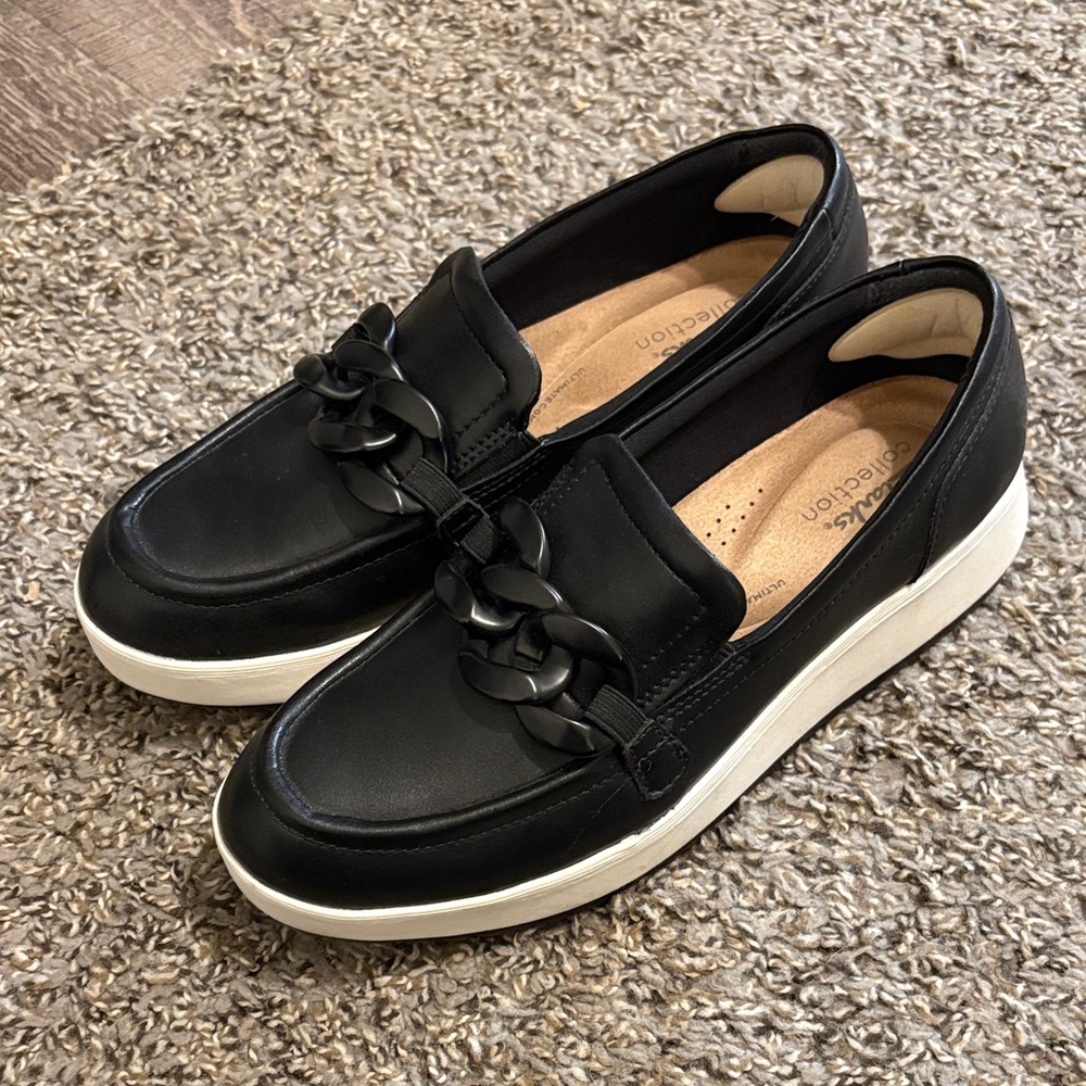 Clarks Black Loafers with Chain Accent